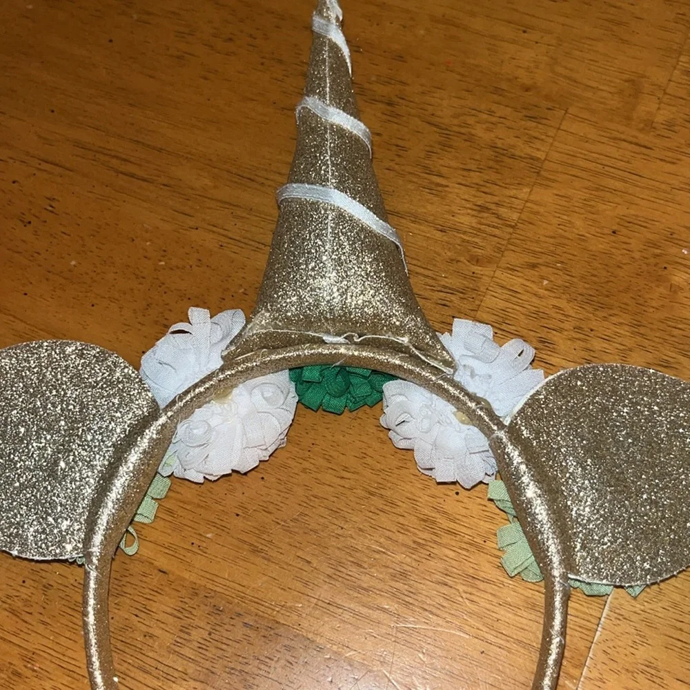 Gold Glitter Unicorn Headband With Green and White Pom Poms